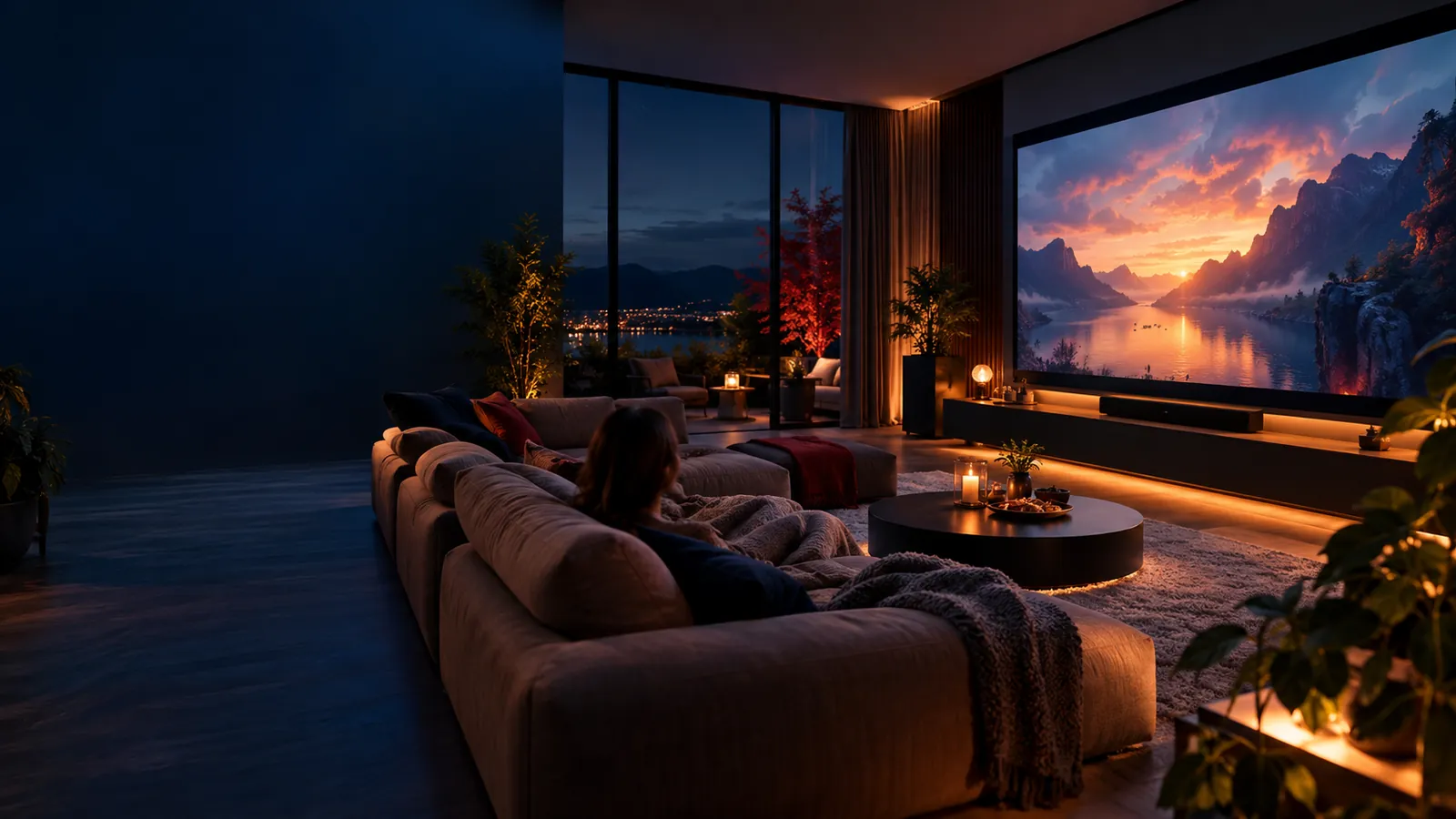 Salon plongé dans la pénombre, le soir : un très grand écran allumé diffuse un paysage de montagnes au coucher du soleil, face à un canapé où une personne regarde, des bougies sur la table basse. Un mur bleu nuit, calme, occupe la gauche de l’image.
