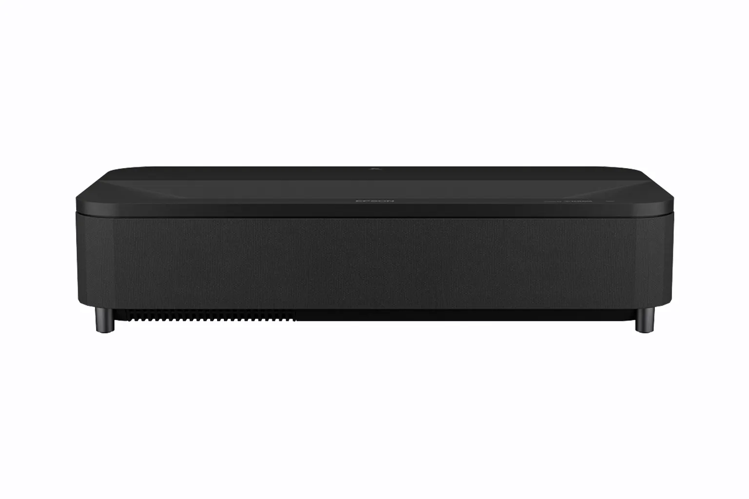 Epson EH-LS800 noir vu de face, un boîtier bas et large avec une grille en tissu et un dessus en verre