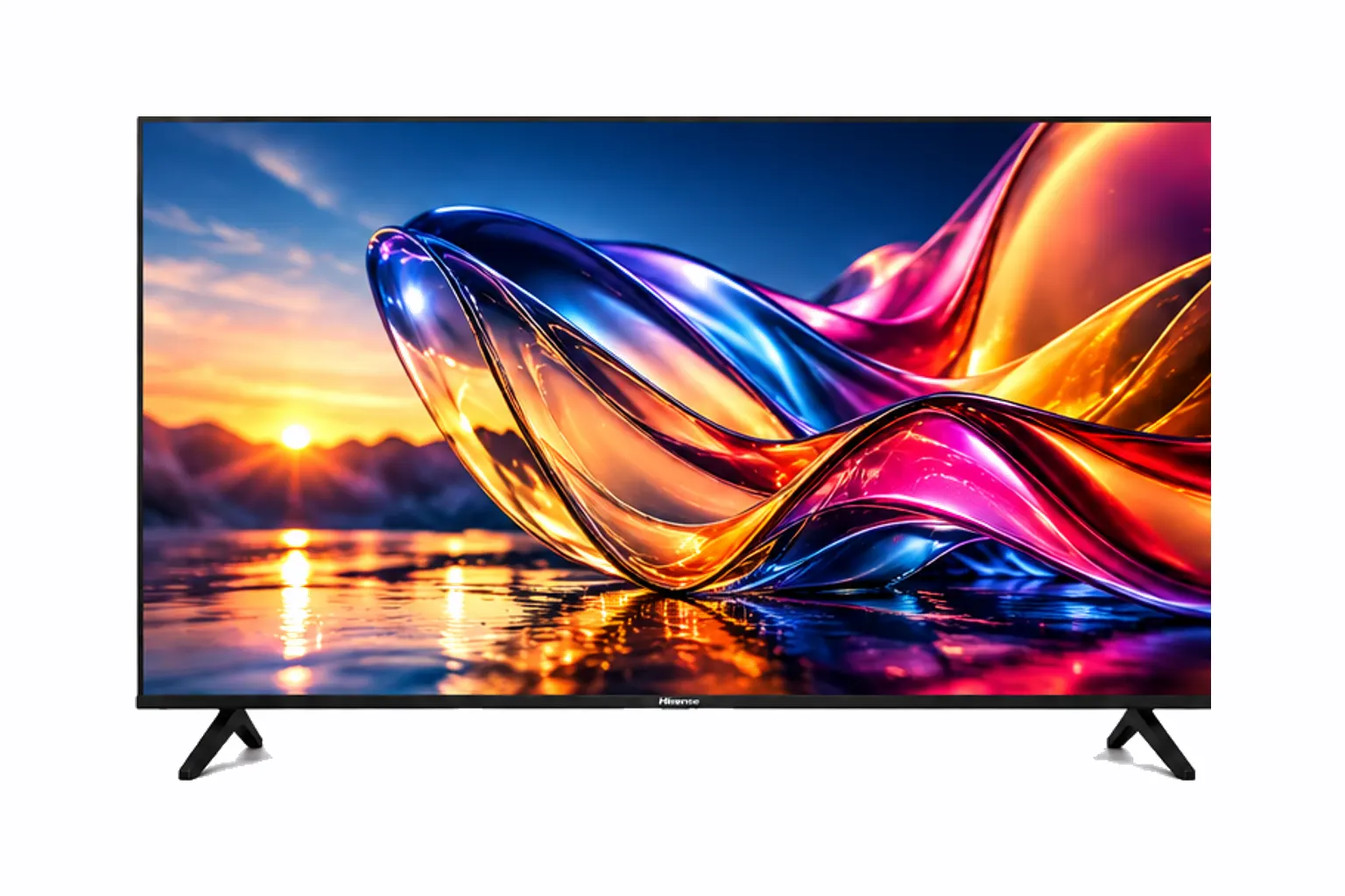 Hisense 55A6QTUK vu de face, écran affichant des rubans de lumière colorés sur un coucher de soleil