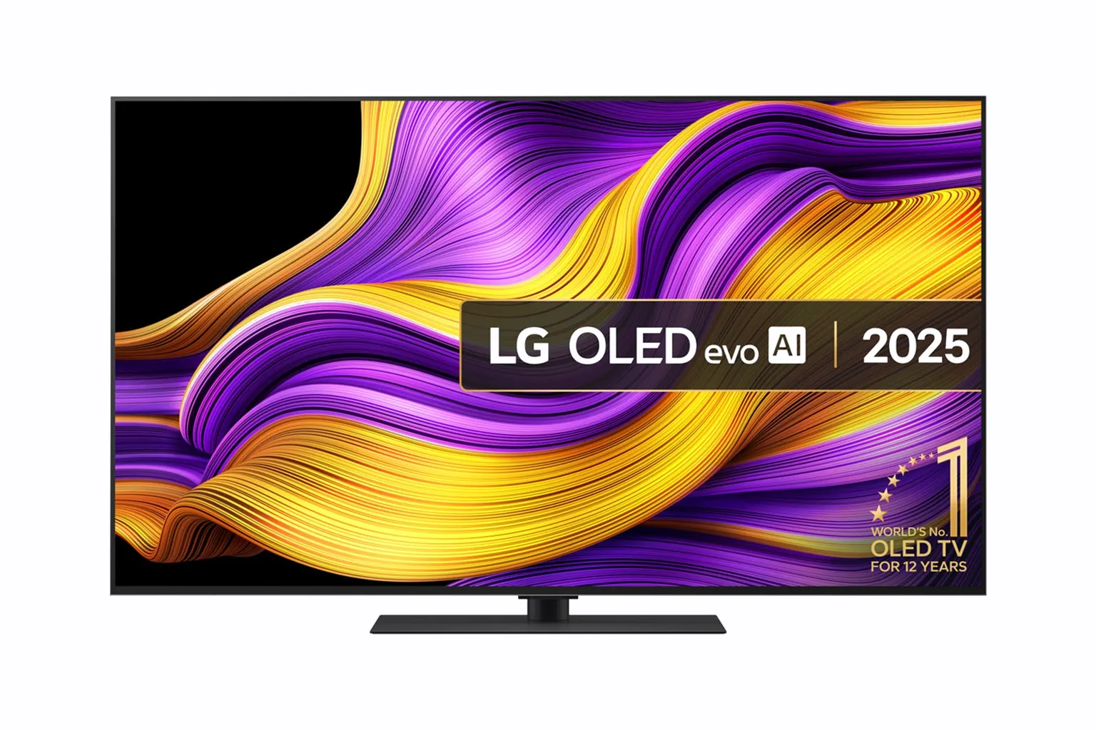 LG OLED evo G5 55 pouces vu de face sur son pied, écran affichant des rubans de lumière violets et dorés
