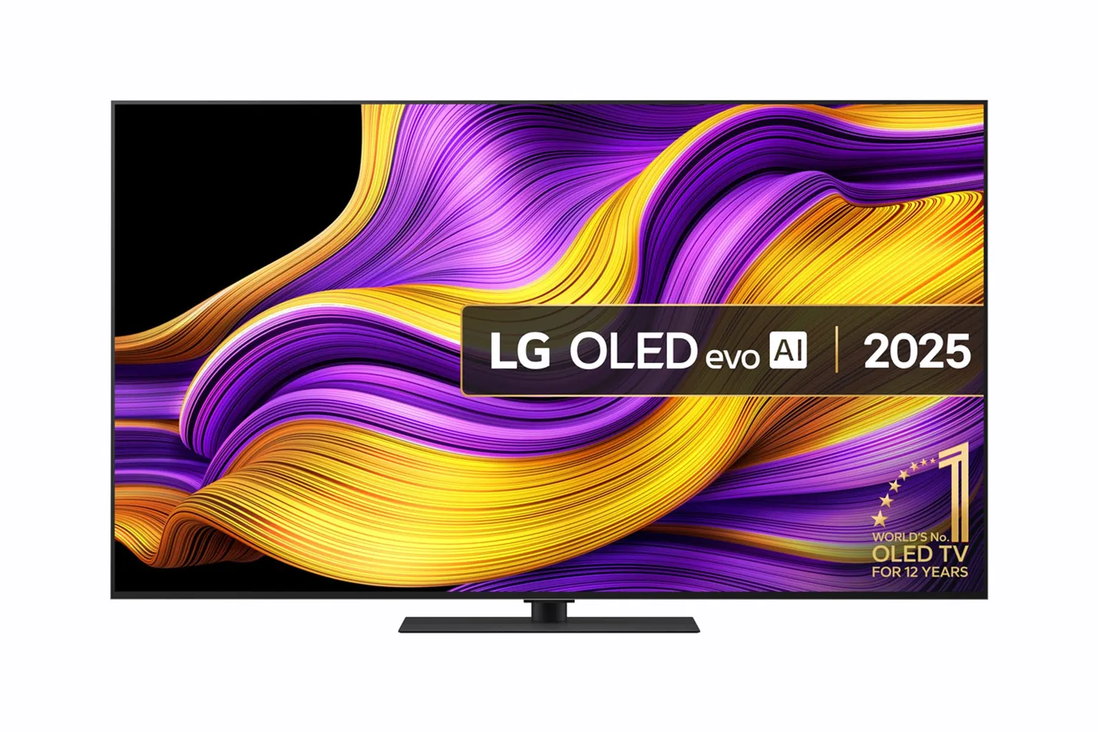 LG OLED evo G5 65 pouces vu de face sur son pied, écran affichant des rubans de lumière violets et dorés