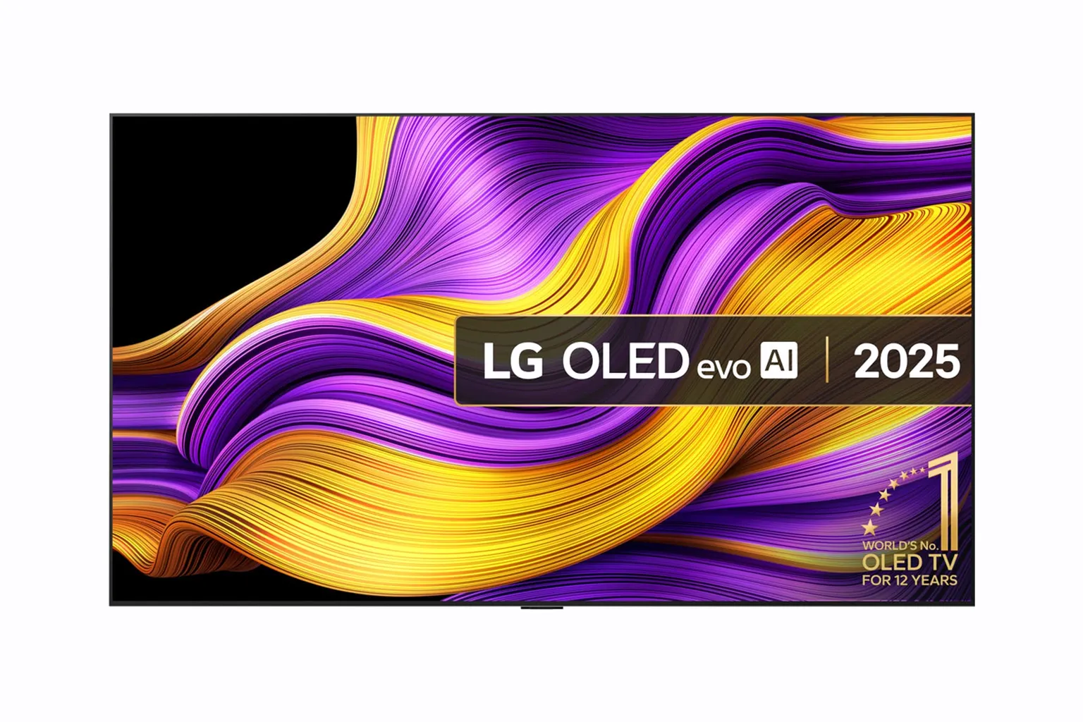 LG OLED evo G5 77 pouces vu de face sur son pied, écran affichant des rubans de lumière violets et dorés