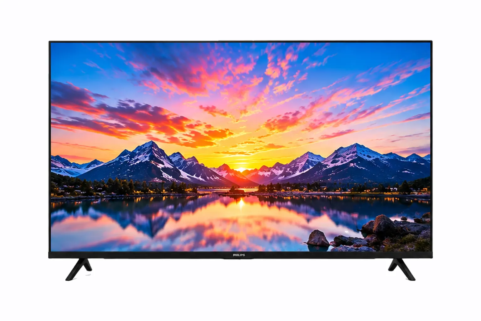 Philips Ambilight 55PUS8200 vu de face, écran affichant un lac de montagne au coucher du soleil