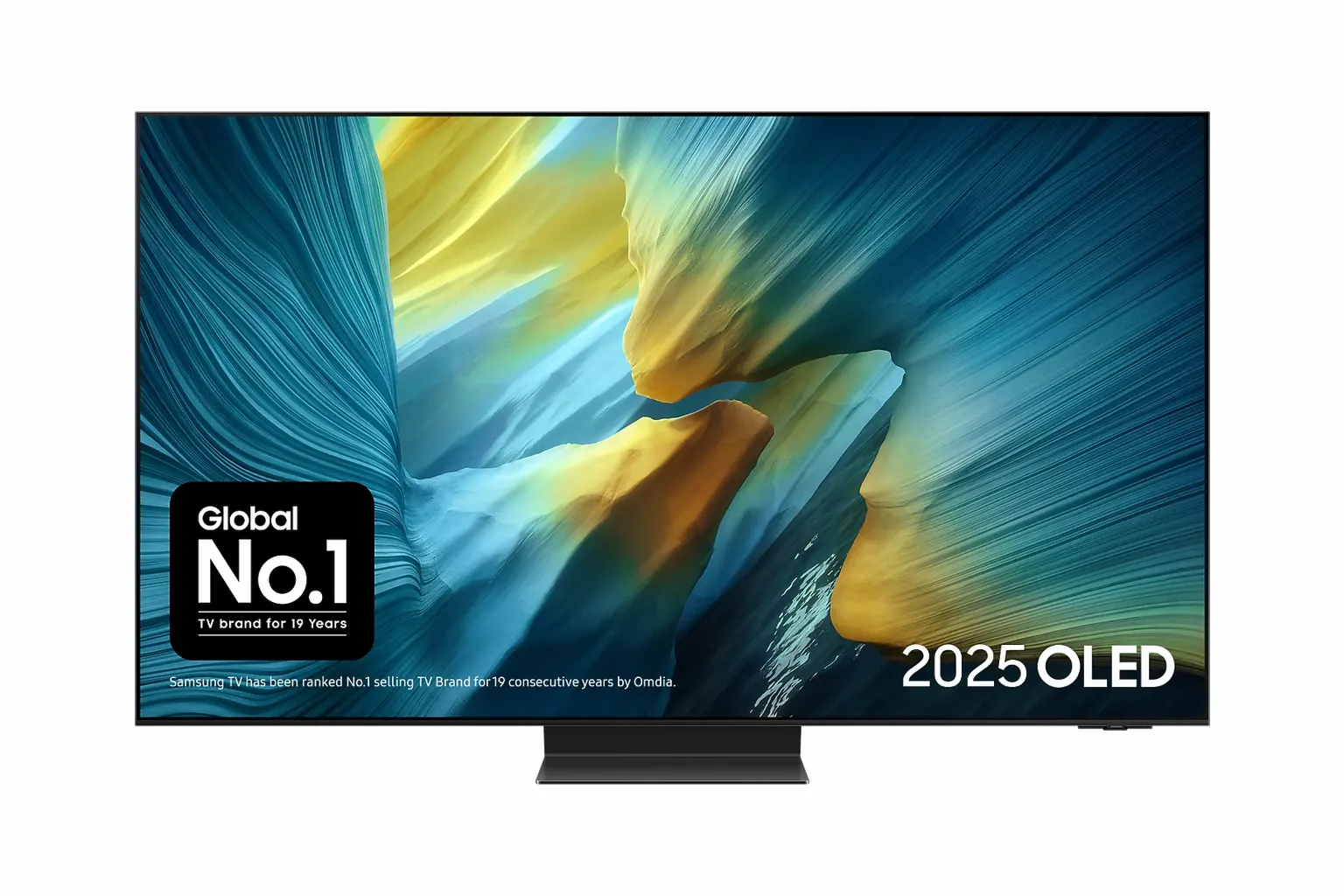 Samsung S95F 77 pouces vu de face sur son pied central, écran QD-OLED mat affichant des strates rocheuses bleues et dorées