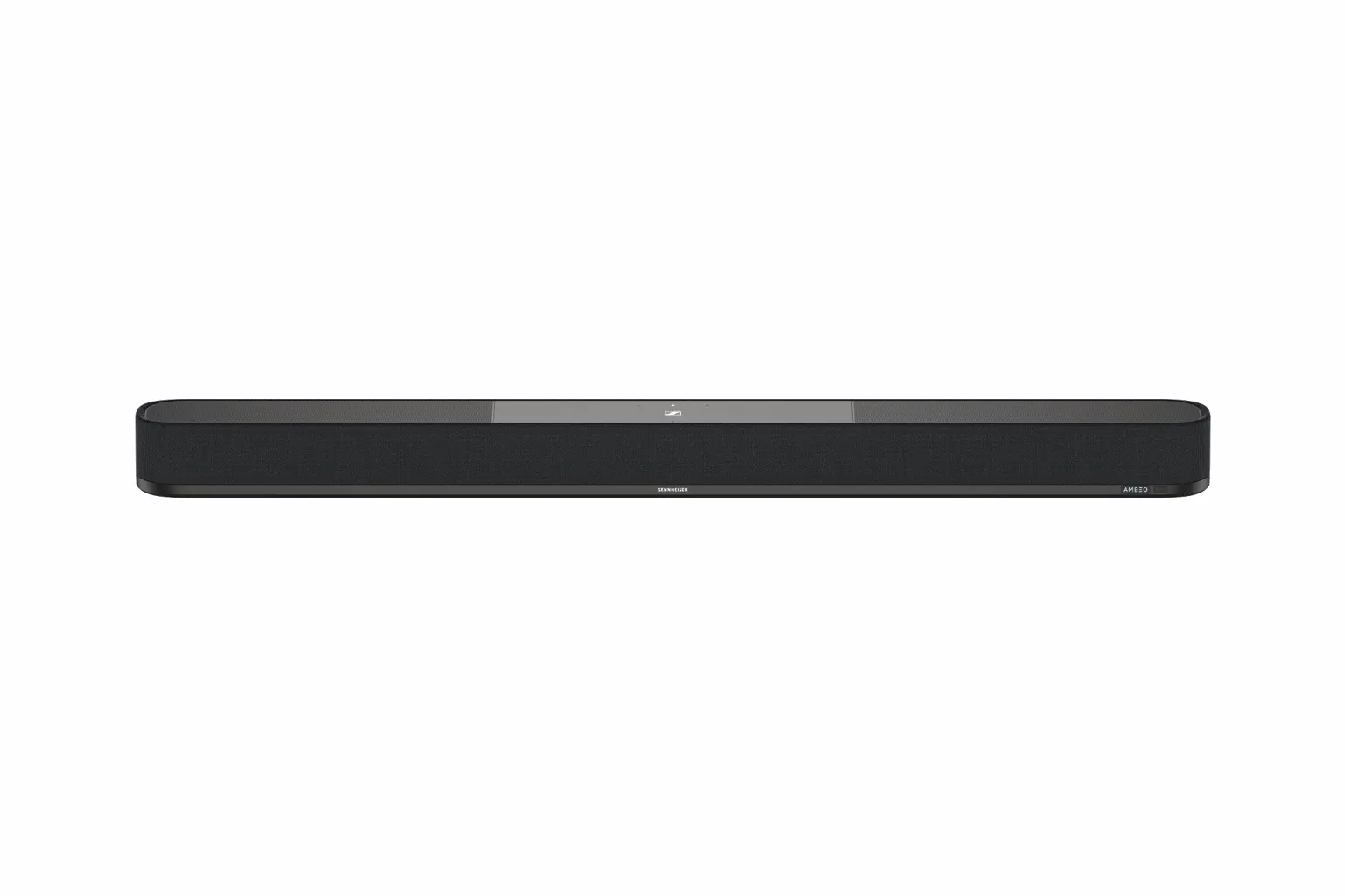 Sennheiser AMBEO Soundbar Plus vue de face, grille en tissu noir avec le badge AMBEO à droite