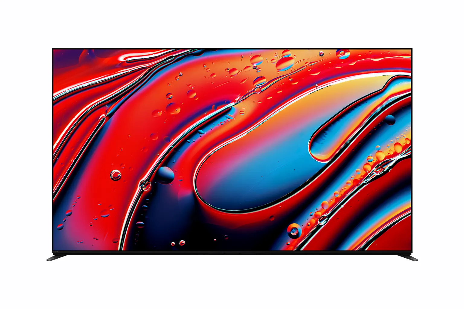 Sony Bravia 9 65 pouces vu de face sur ses deux pieds, écran affichant des volutes liquides rouges et bleues