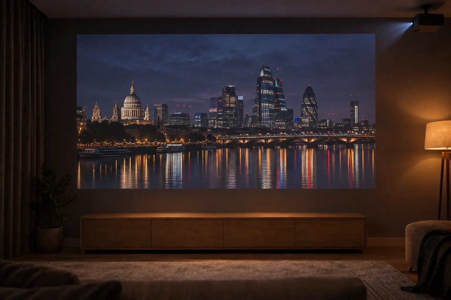 Sony VPL-XW5000ES fixé au plafond dans une salle de cinéma sombre, projetant une ville de nuit sur le mur