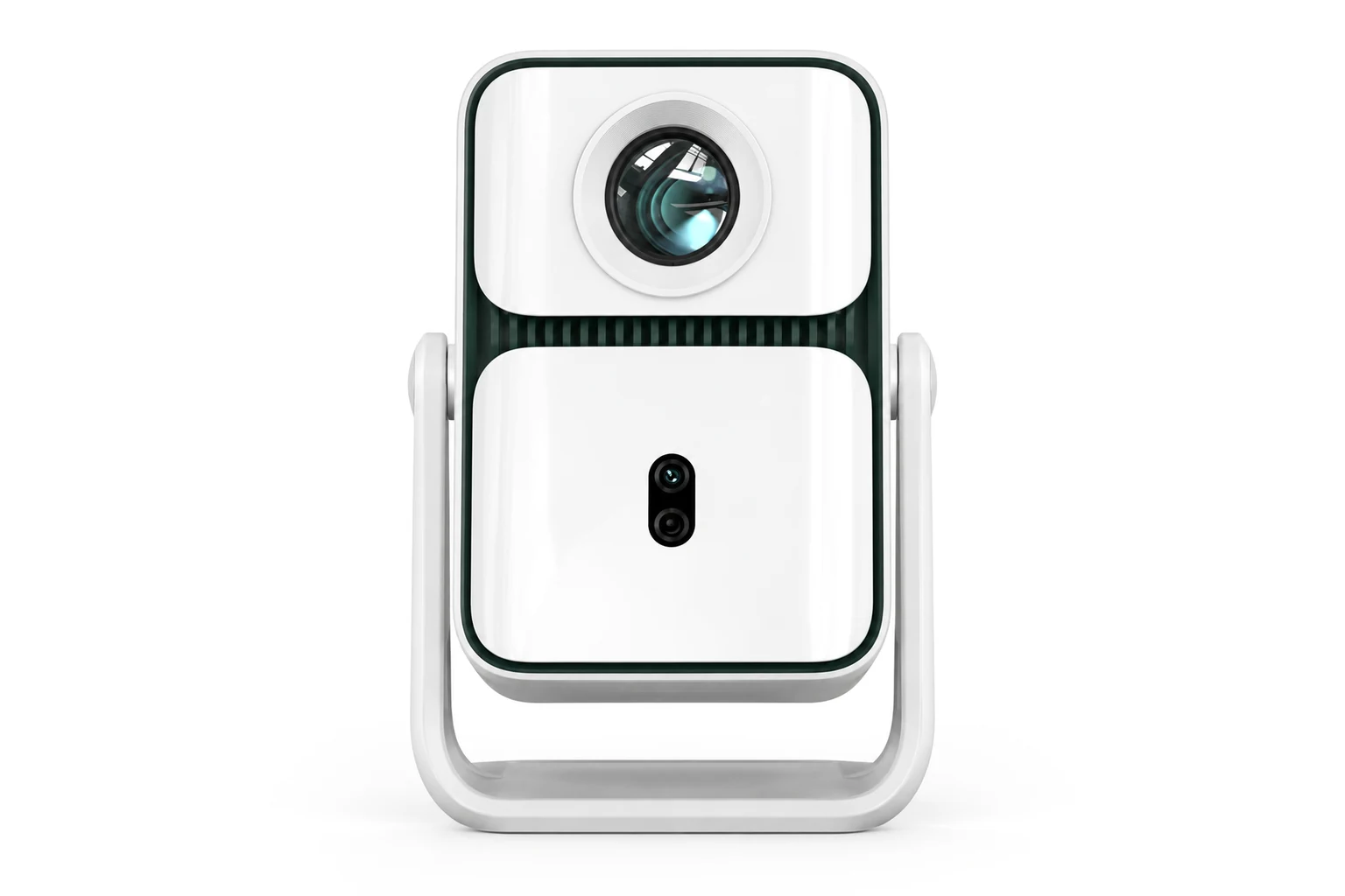 Illustration du vidéoprojecteur Wanbo T2 Ultra vu de face : un boîtier blanc aux accents vert foncé, l’objectif en haut, monté sur un pied en arceau blanc