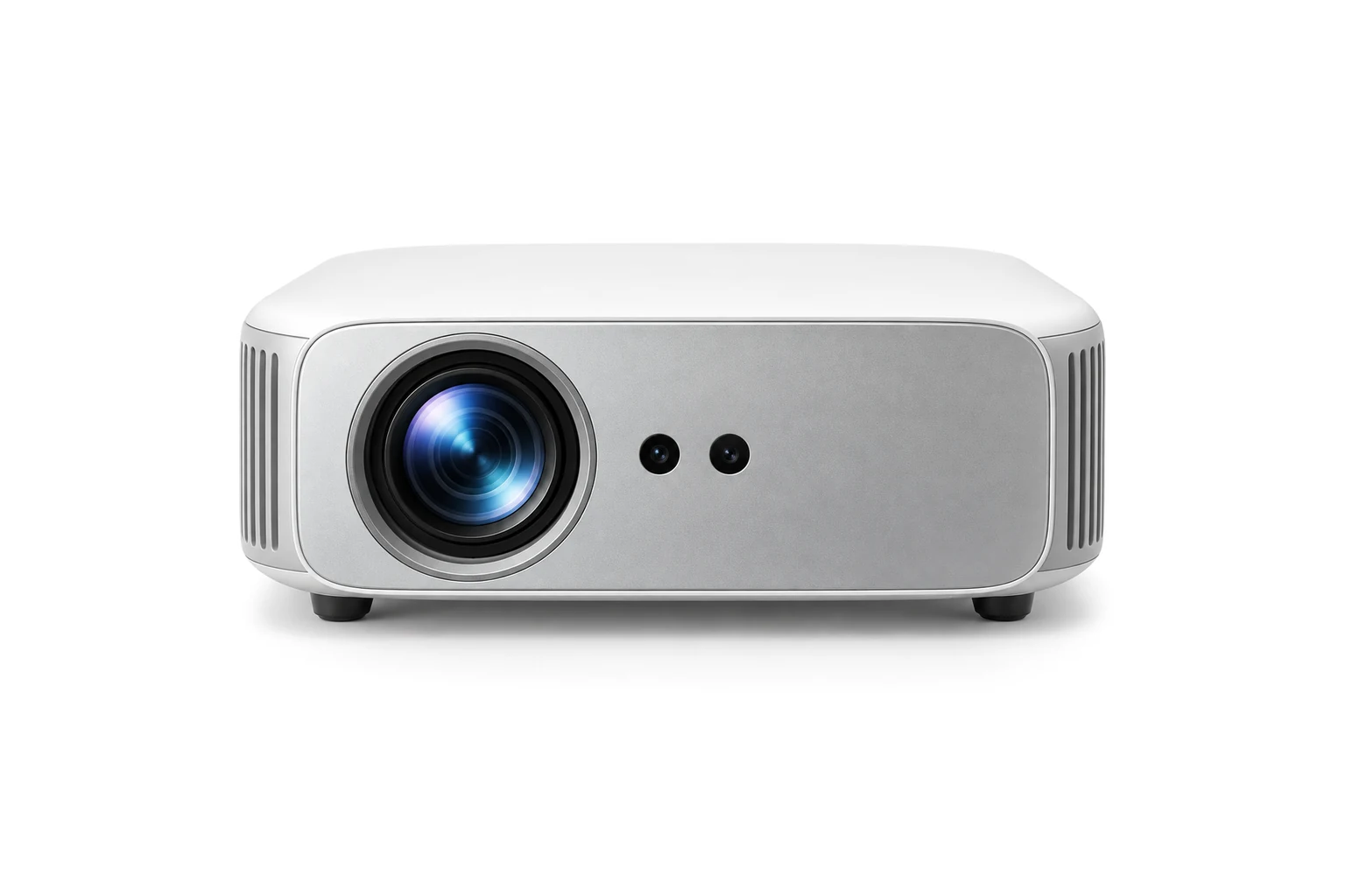 Illustration du vidéoprojecteur Yaber Pro V9 vu de face : un boîtier blanc et gris, l’objectif à gauche et deux capteurs au centre, sur fond blanc